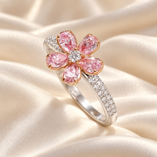 Blush pink five-petal flower ring on gown fabric
