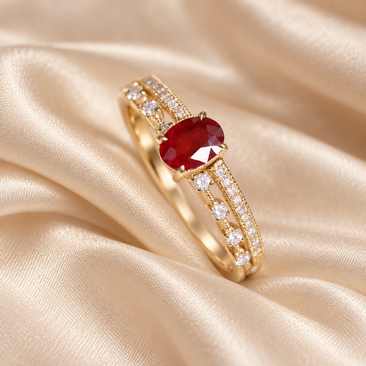 Oval red split-band ring on ivory gown fabric