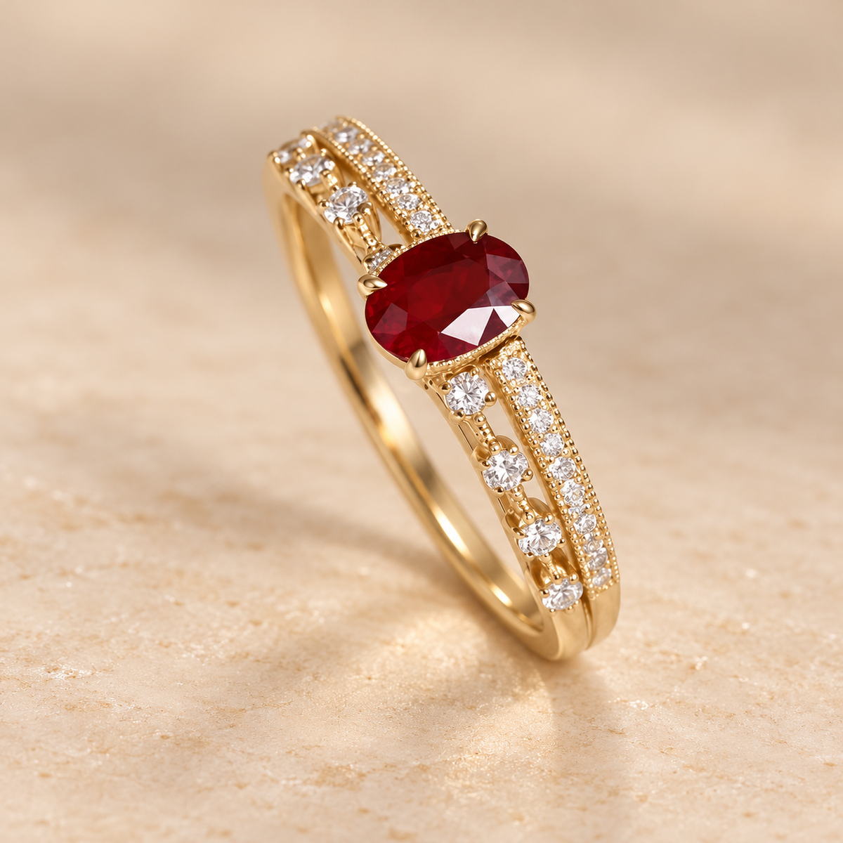 Oval red split-band ring on royal cream background