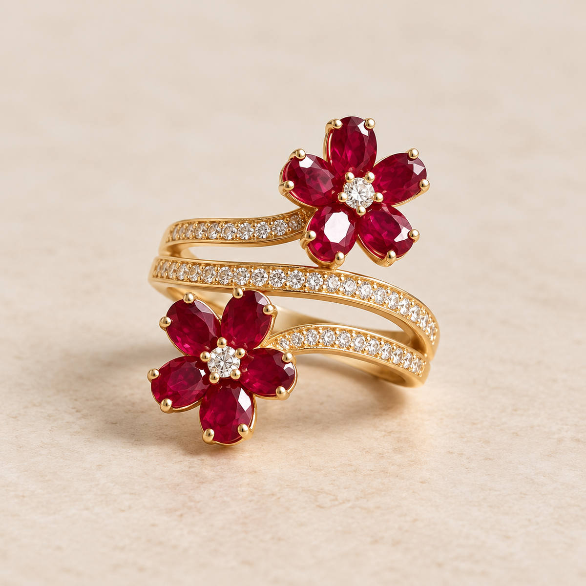 Twin red blossom wrap ring on plain cream background