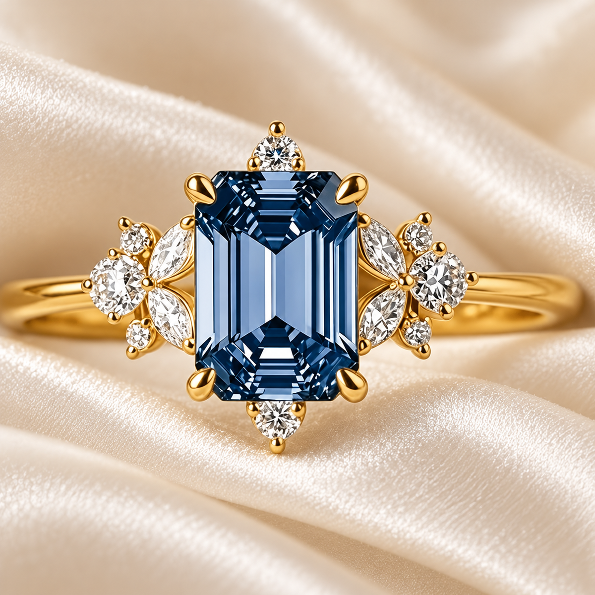 Midnight Blue Floral Ring on ivory gown