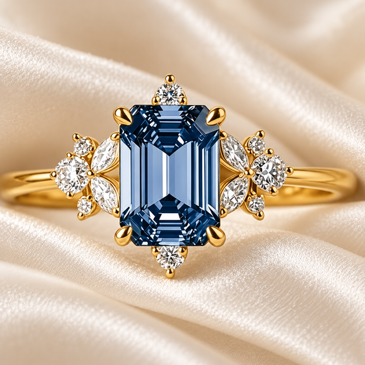 Midnight Blue Floral Ring on ivory gown