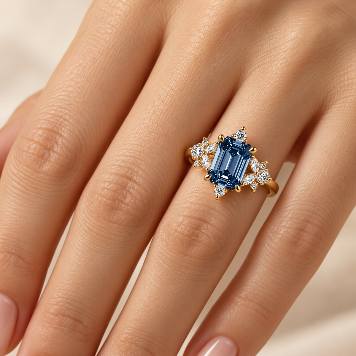 Midnight Blue Floral Ring worn on model hand