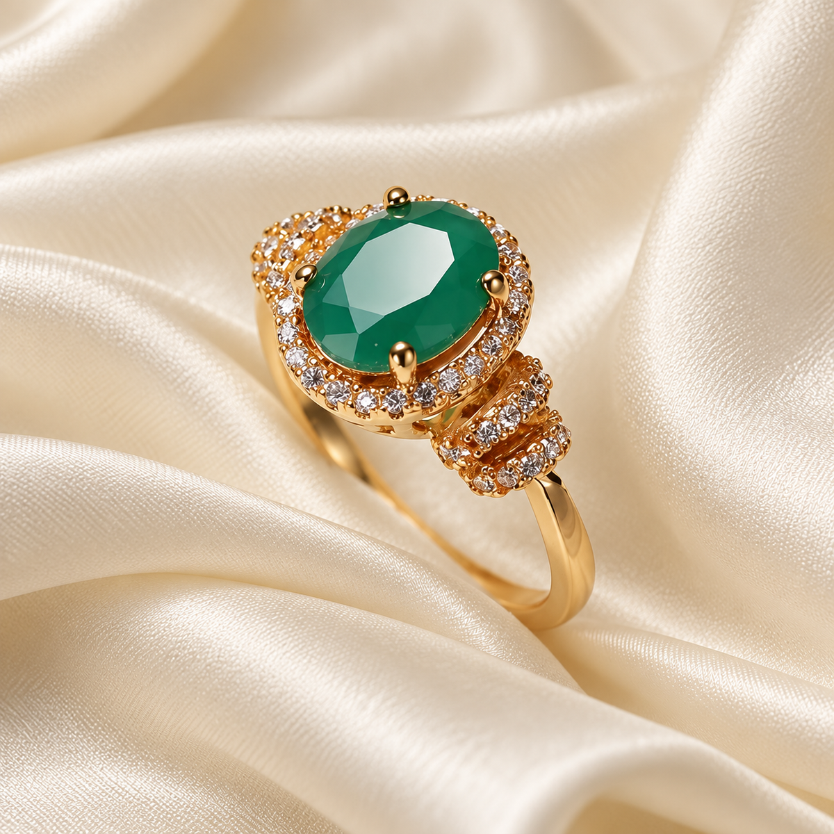 Royal Green Oval Halo Ring on gown