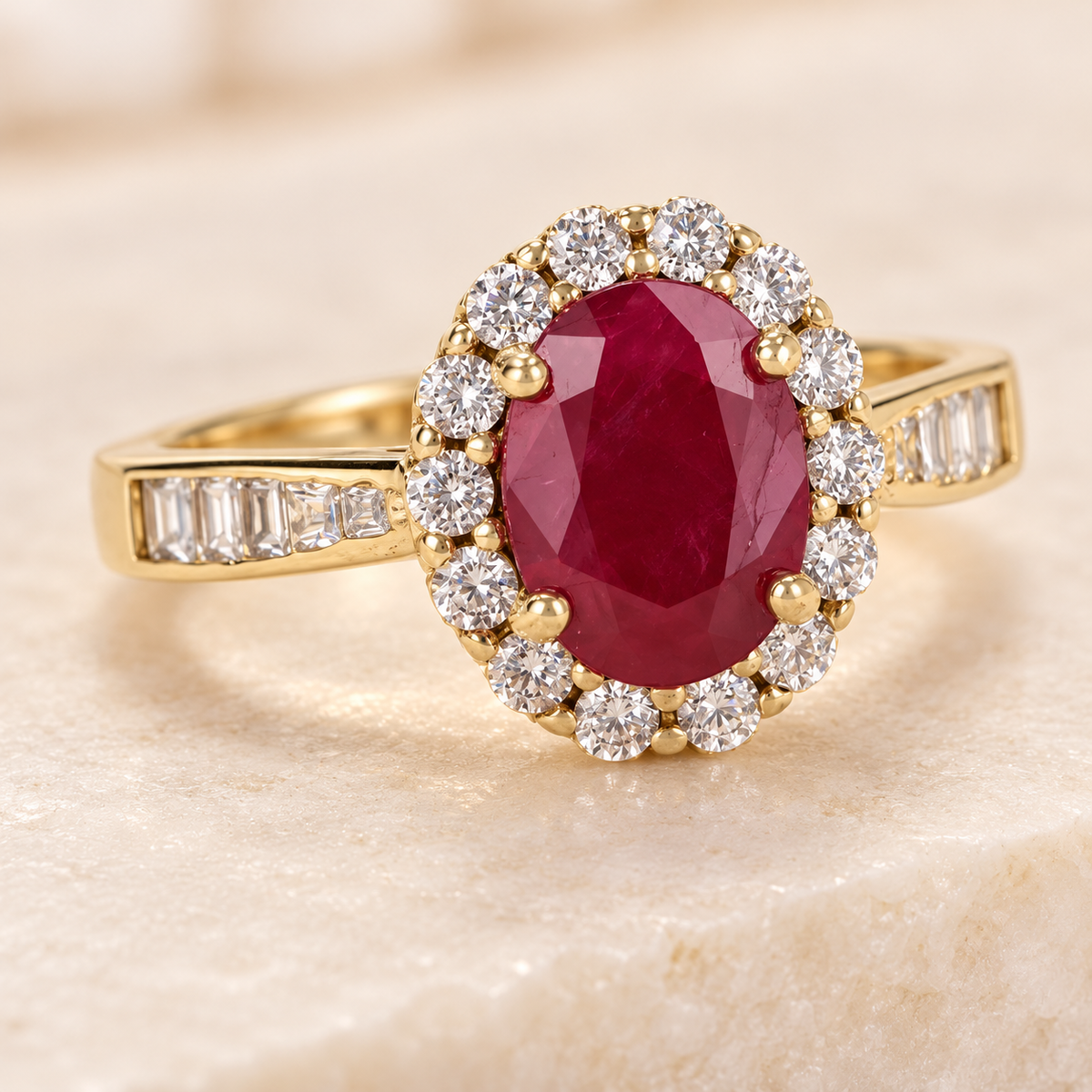 Golden Aurelia red oval halo ring on cream stone