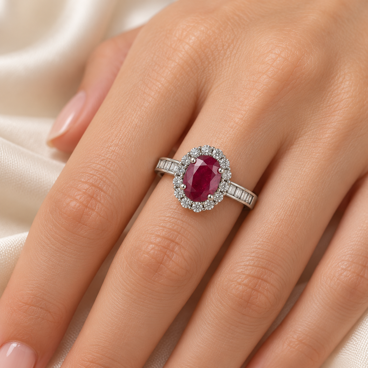 Aurelia red oval halo ring worn on model ring finger