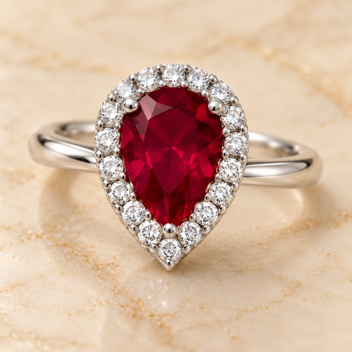 Red Pear Halo Ring Silver