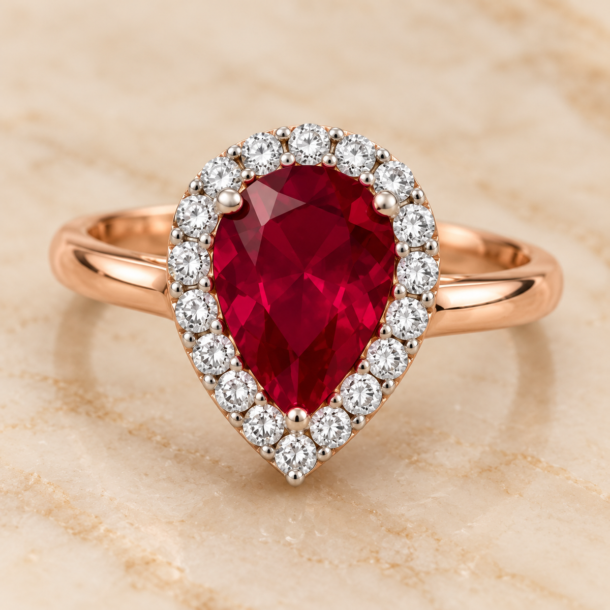 Red Pear Halo Ring Rose Gold