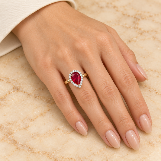 Red Pear Halo Ring on model ring finger with nude manicure