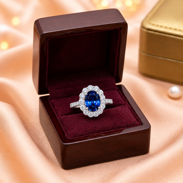 Blue Oval Floral Halo Ring