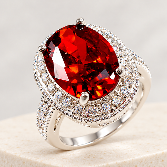 925 silver oval red stone halo ring — studio view